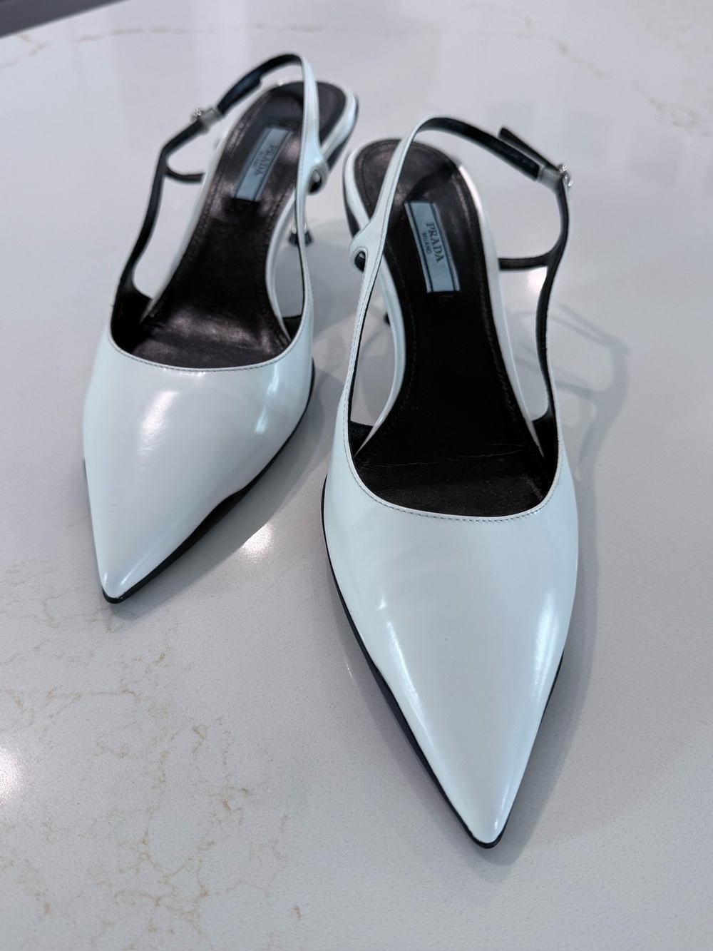 PRADA White Patent Leather Pointed Slingback Kitten Heel Pumps